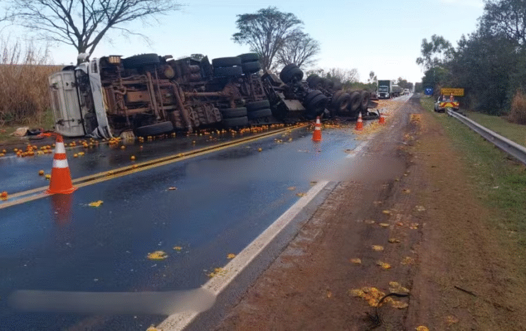 caminhão de laranjas tomba na rodovia